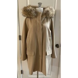 Max Mara Weekend 100% Virgin Wool Camel Beige Hooded Fur Coat Size 12 Classic